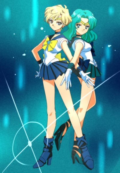 back_to_back, bad_id, bishoujo_senshi_sailor_moon, blonde_hair, boots, choker, earrings, gloves