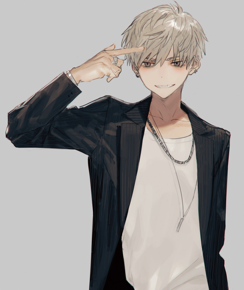 1boy, black_jacket, black_shirt, earrings, finger_to_head, grey_background, grey_eyes, grin