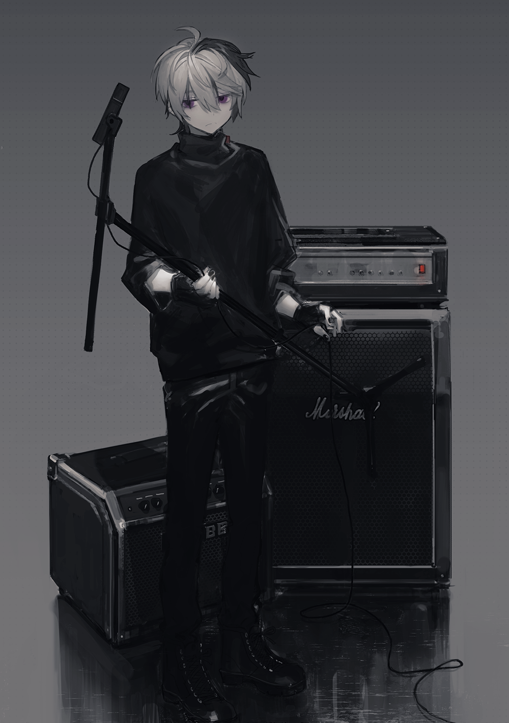 1boy, black_footwear, black_gloves, black_nails, black_pants, black_shirt, boots, closed_mouth, fingerless_gloves, fingernails, flower_(vocaloid), flower_(vocaloid4), gloves, grey_background, hair_between_eyes, highres, hirota_tsuu, holding, looking_at_viewer, male_focus, microphone, microphone_stand, multicolored_hair, nail_polish, original, pants, shirt, solo, speaker, standing, subwoofer, two-tone_hair, violet_eyes, vocaloid, white_hair