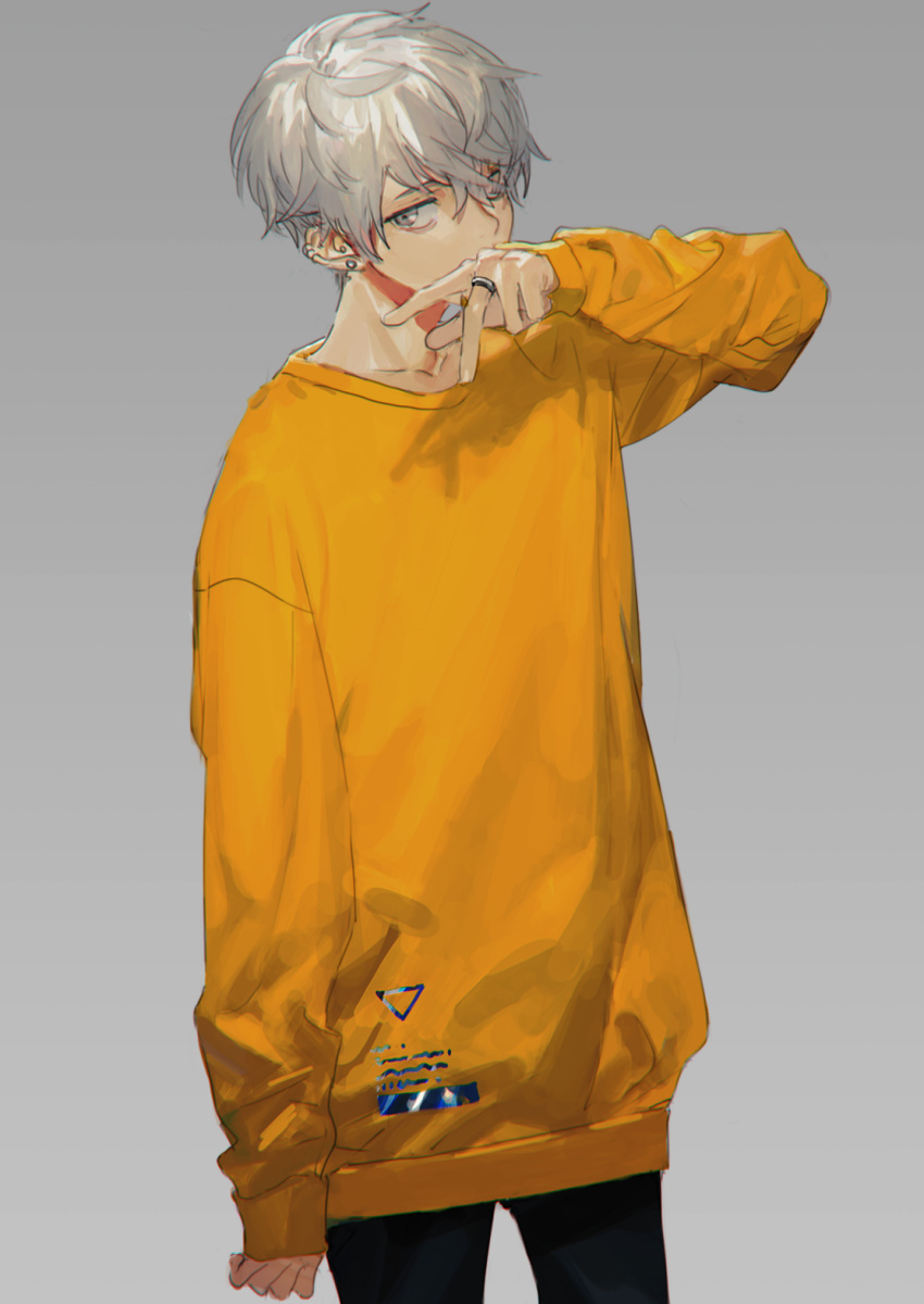 1boy, bangs, black_pants, covered_mouth, cowboy_shot, earrings, grey_background, hair_between_eyes