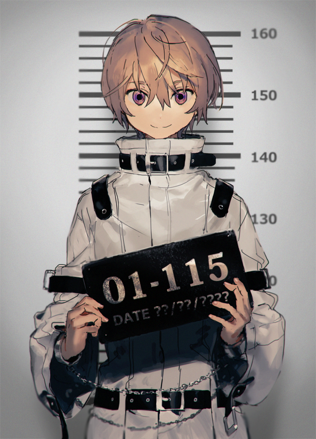 1boy, belt, blonde_hair, closed_mouth, height_chart, hirota_tsuu, holding, holding_sign