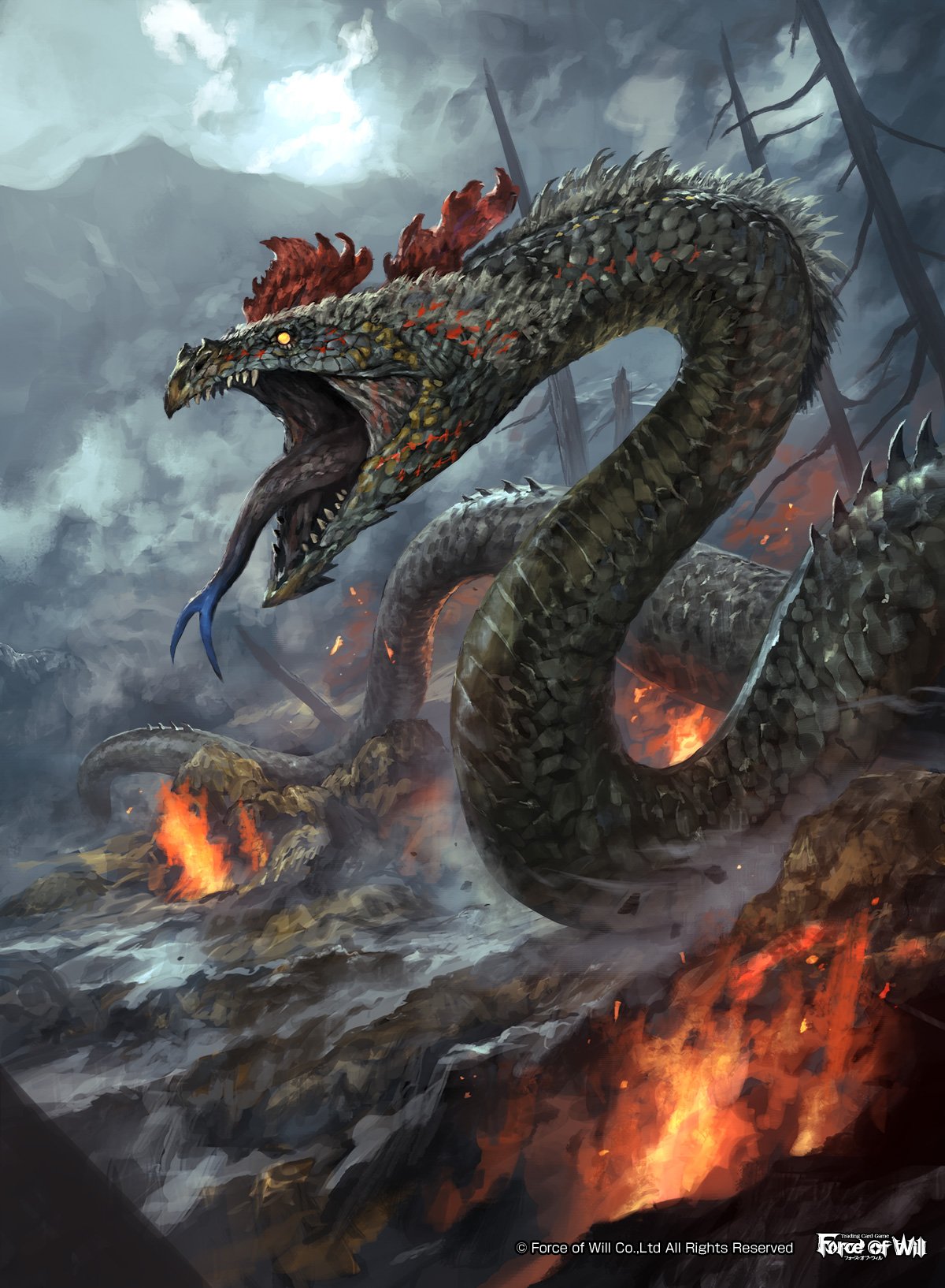 clouds, cloudy_sky, copyright_name, fangs, fire, force_of_will, forked_tongue, highres