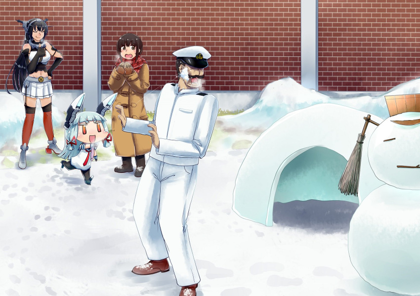 1boy, 3girls, admiral_(kantai_collection), black_gloves, black_hair, black_legwear, breath, brick_wall