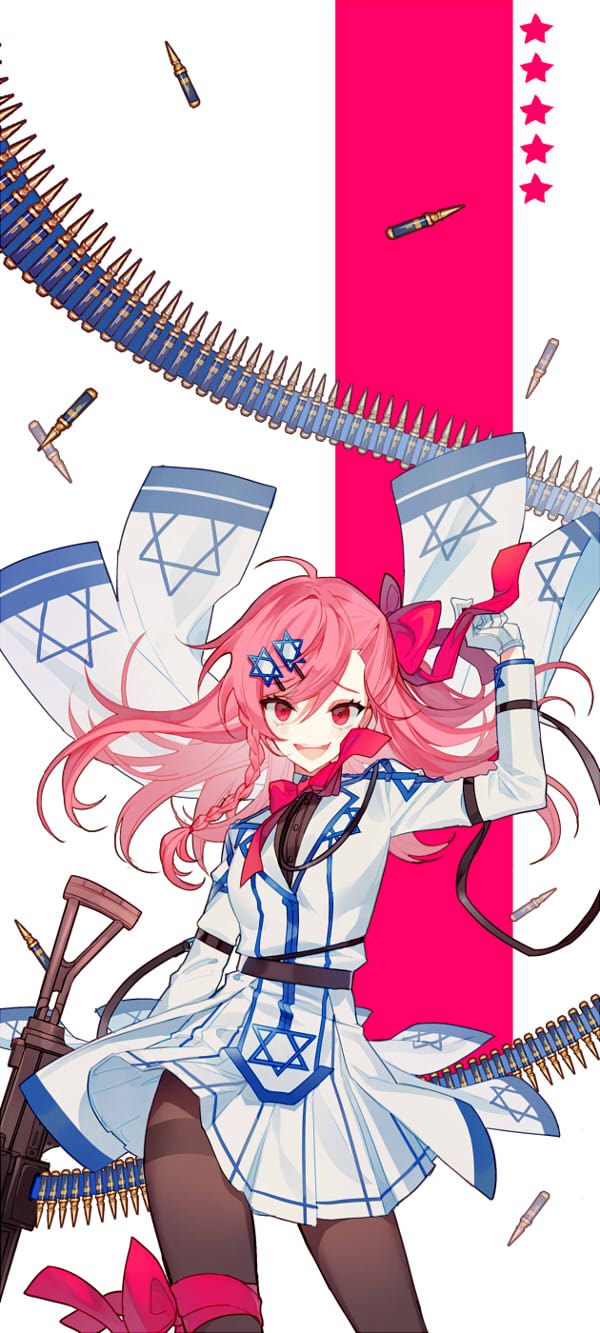 1girl, ammunition_belt, bangs, black_legwear, blush, bound, bow, braid