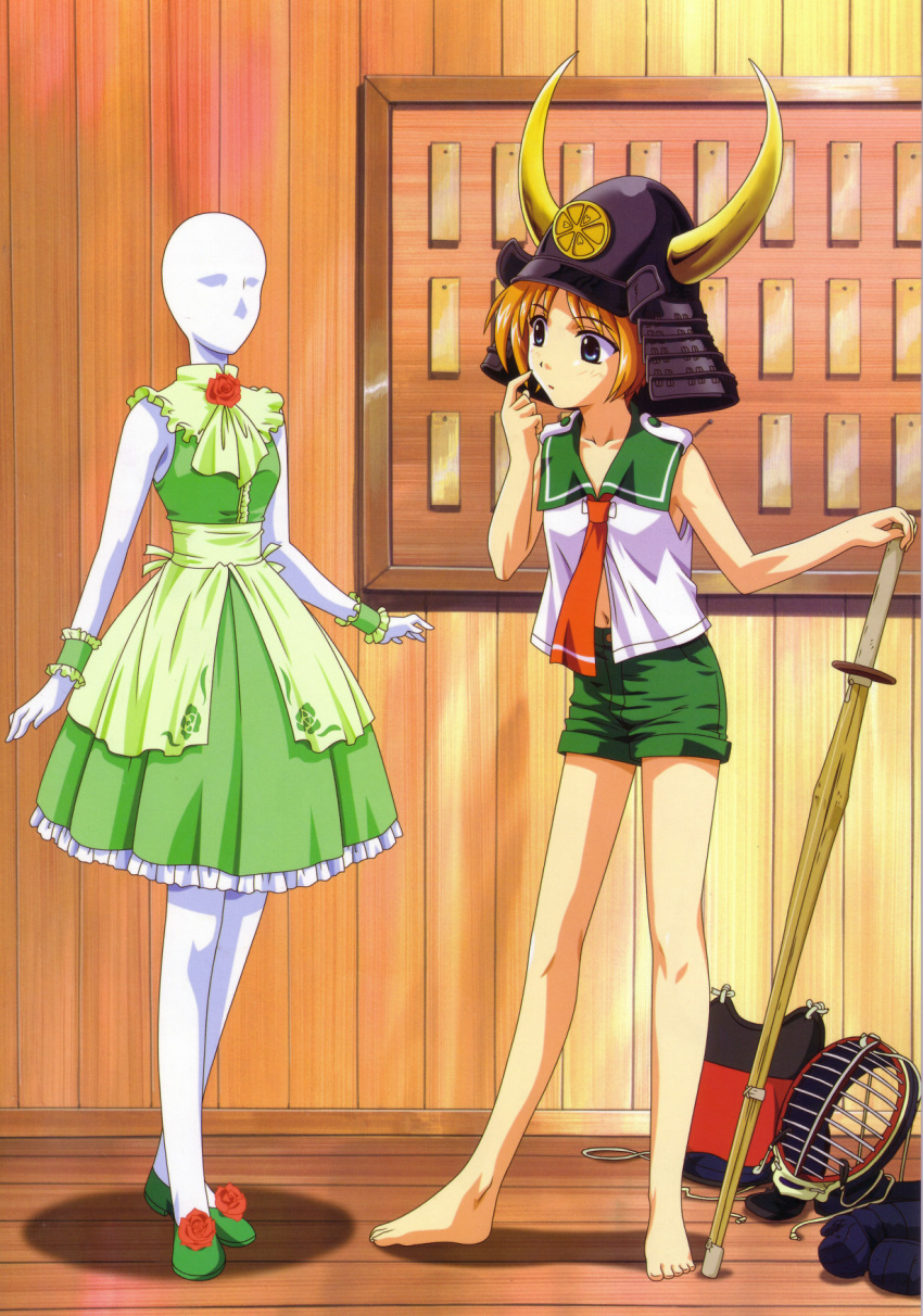 artbook, barefoot, bougu, dress, feet, helmet, highres, horns