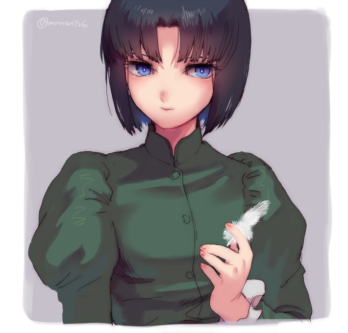 1girl, alternate_costume, bangs, black_hair, blue_eyes, dress, fingernails, ghost_in_the_shell