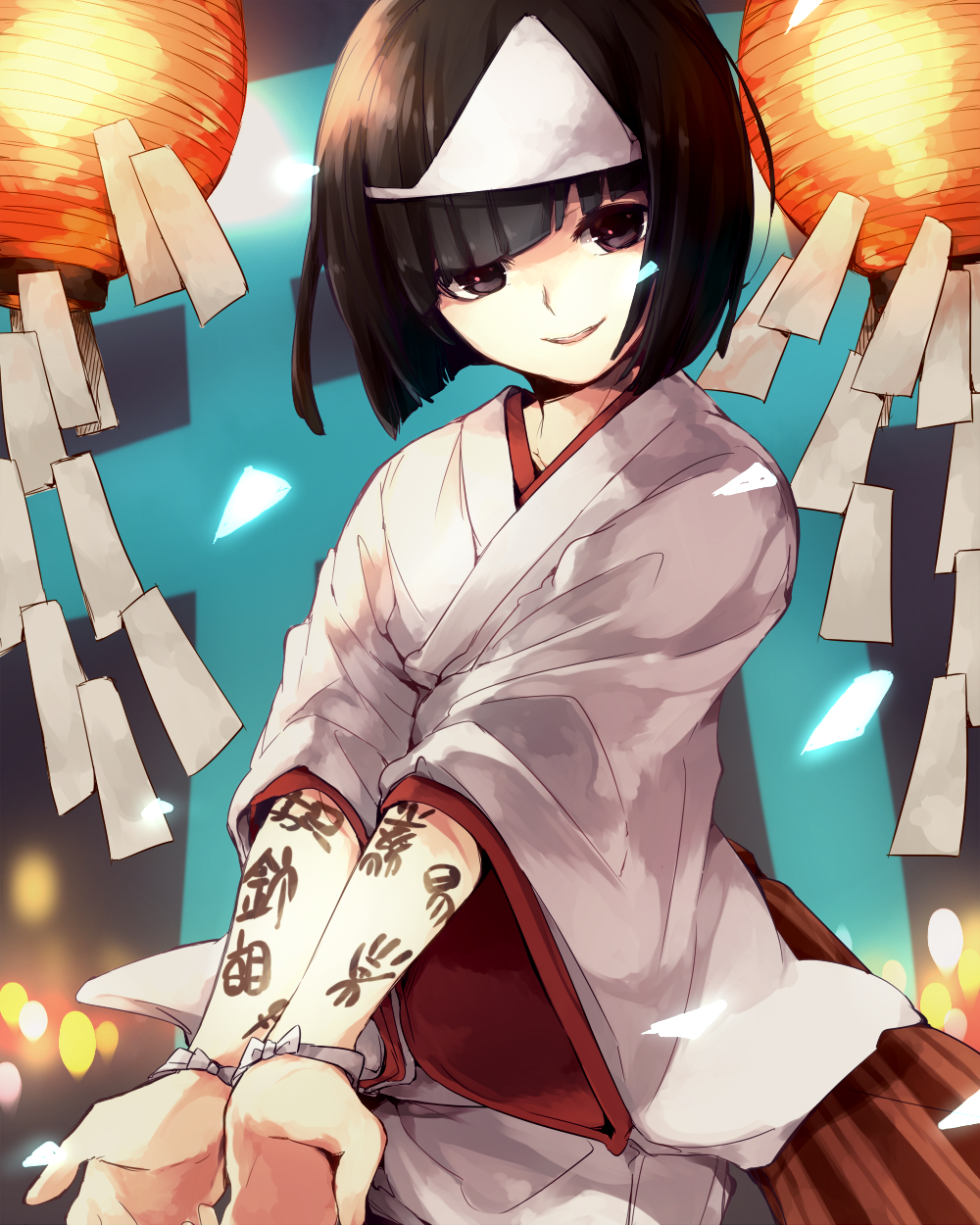 1girl, asuna_(doruru-mon), bangs, black_hair, body_writing, highres, japanese_clothes, kimono