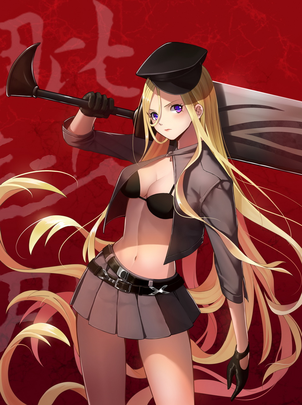 1girl, belt, bikini_top, bishamonten_(noragami), black_gloves, blonde_hair, breasts, catcan