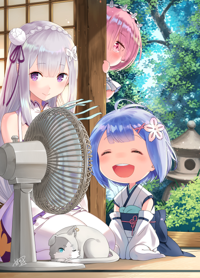 3girls, :d, ^_^, bangs, bare_shoulders, blue_hair, blunt_bangs, blush