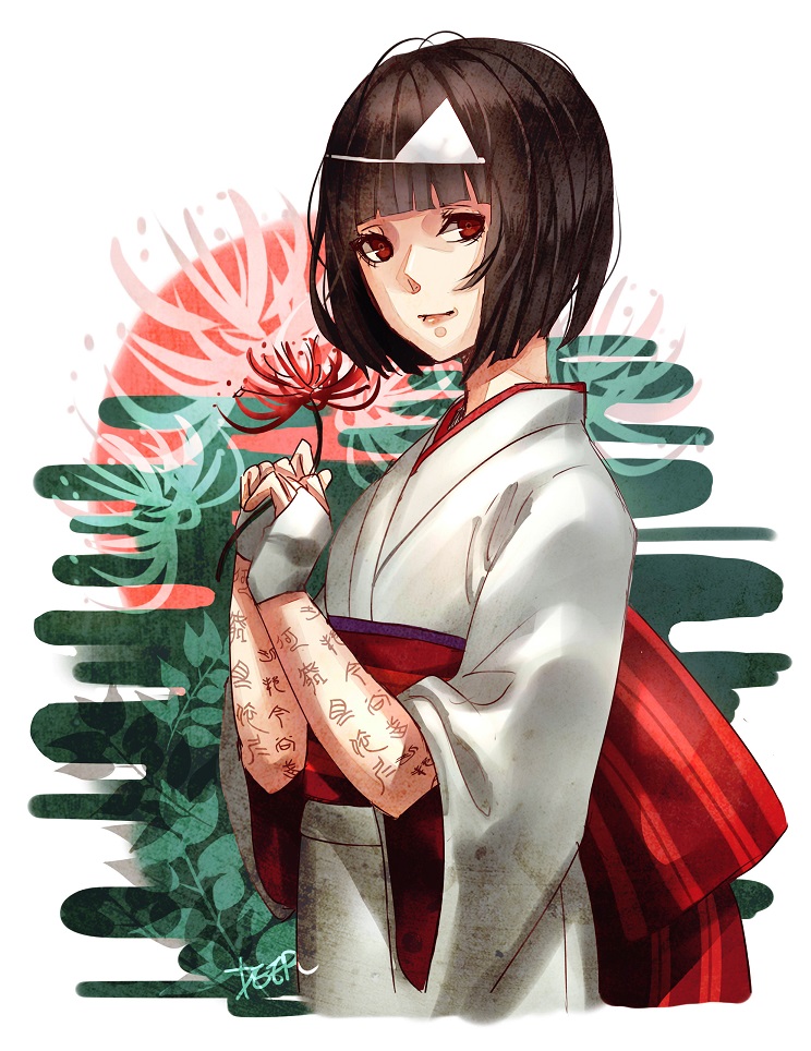1girl, bangs, black_hair, blunt_bangs, body_writing, bridal_gauntlets, deer_(deer423-81), flower