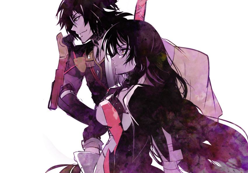 1boy, 1girl, black_hair, braid, from_side, japanese_clothes, long_hair, maduzu, profile, rokurou_rangetsu, simple_background, smile, tales_of_(series), tales_of_berseria, upper_body, velvet_crowe, white_background, yellow_eyes