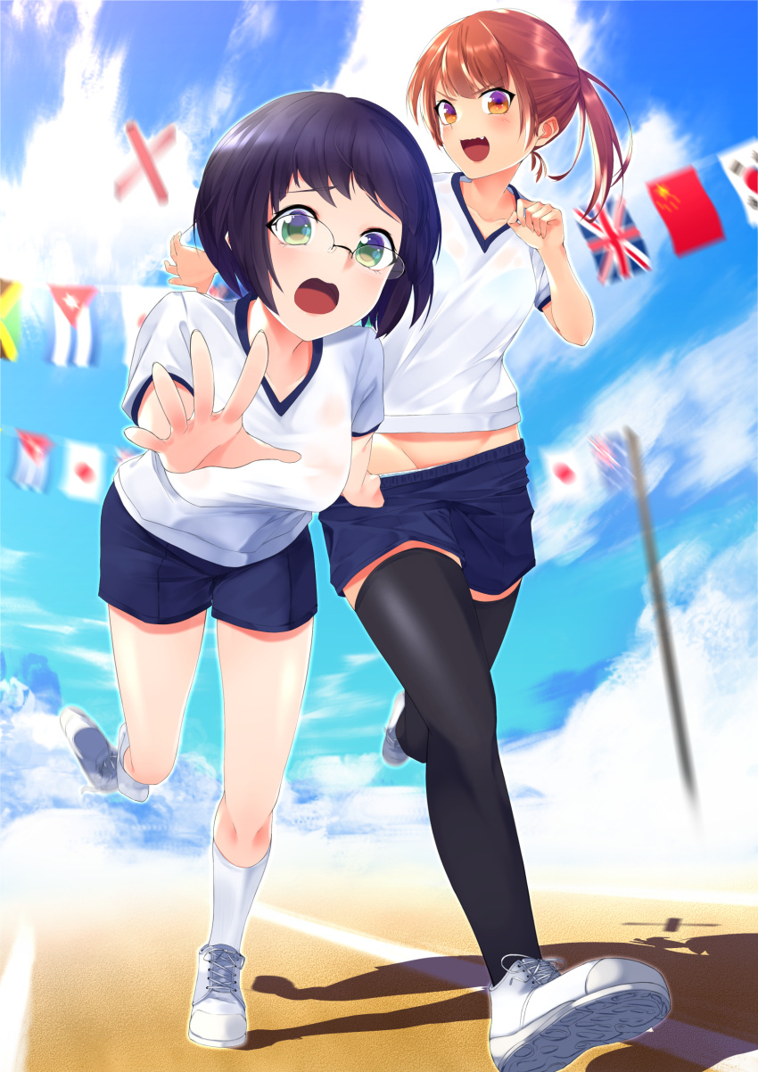 2girls, absurdres, bangs, black-framed_eyewear, black_hair, black_legwear, black_shorts, blurry, blurry_background, blush, brazilian_flag, brown_eyes, brown_hair, chilean_flag, clouds, cloudy_sky, cross-laced_footwear, day, depth_of_field, eyebrows_visible_through_hair, falling, fang, foreshortening, full_body, glasses, green_eyes, gym_shirt, gym_uniform, highres, japanese_flag, korean_flag, looking_at_viewer, moe2017, multiple_girls, nishinomiya_suzu, open_mouth, original, outdoors, over-rim_eyewear, panties, panty_pull, people's_republic_of_china_flag, running, shadow, shirt, shoe_removed, shoes, short_hair, short_ponytail, short_shorts, shorts, shorts_pull, single_shoe, sky, smile, sneakers, string_of_flags, t-shirt, thigh-highs, track_and_field, underwear, union_jack, v-neck, white_footwear, white_panties, white_shirt, zettai_ryouiki