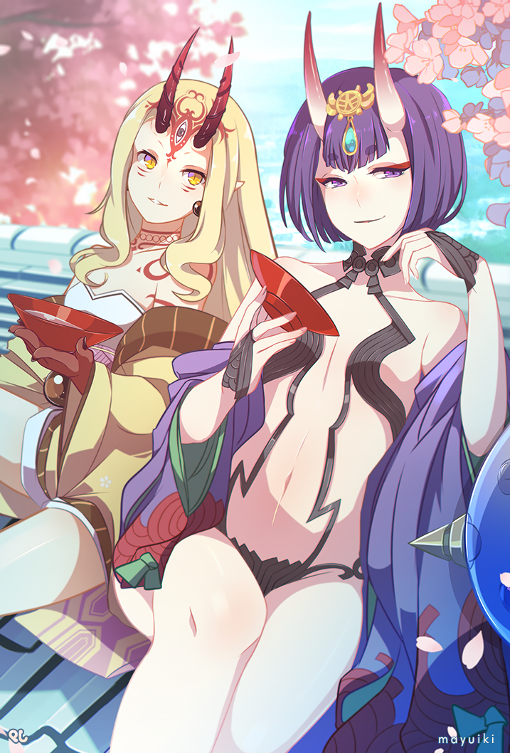 2girls, black_hair, blonde_hair, breasts, brown_hair, cup, fate/grand_order, fate_(series)