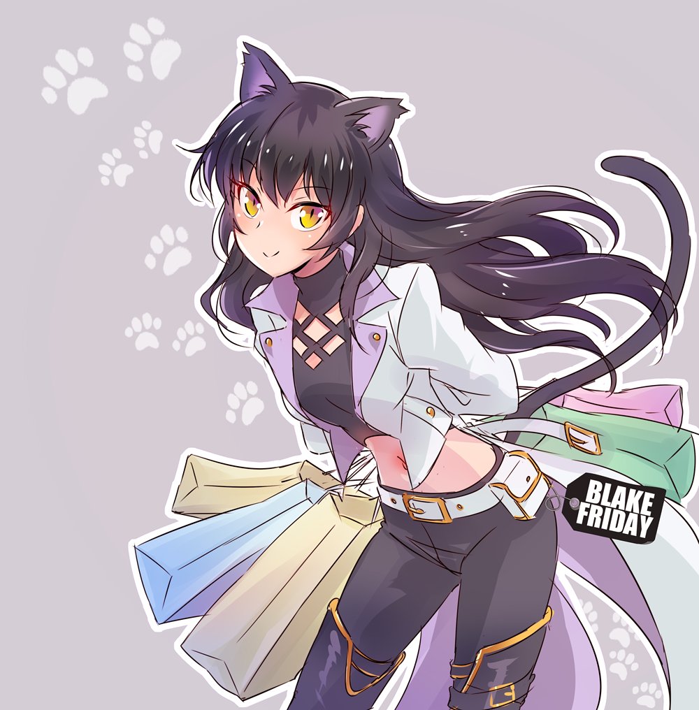1girl, alternate_costume, animal_ears, bag, black_friday, black_hair, blake_belladonna, cat_ears
