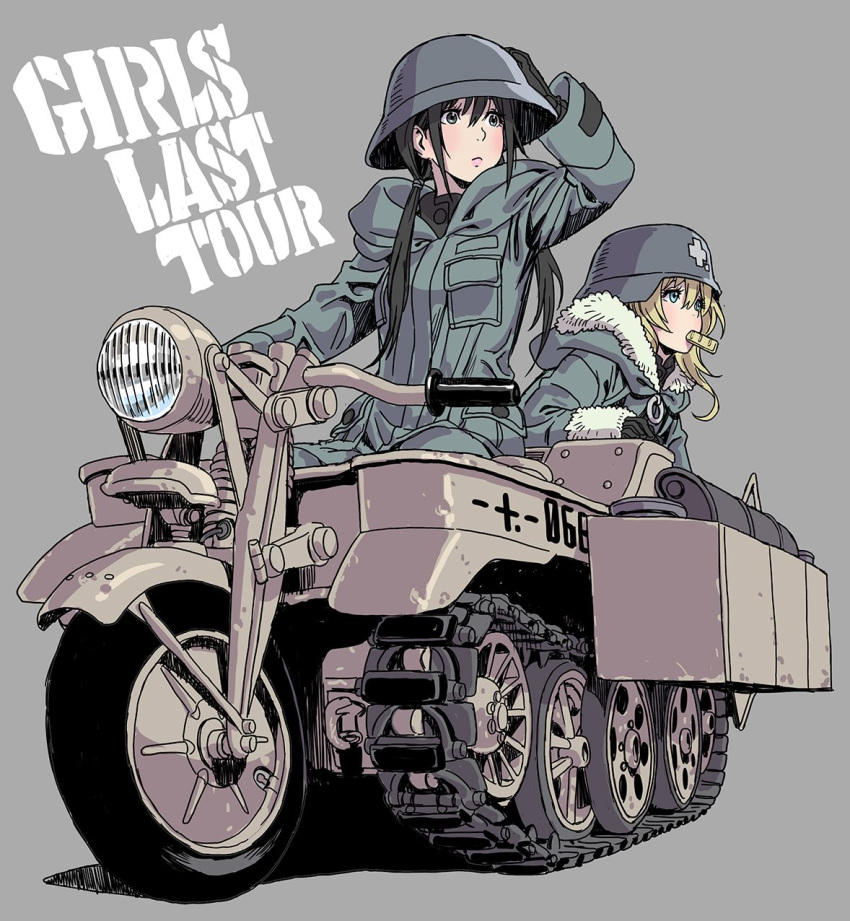 2girls, black_gloves, black_hair, blonde_hair, blue_eyes, chito_(shoujo_shuumatsu_ryokou), coat, fur_trim