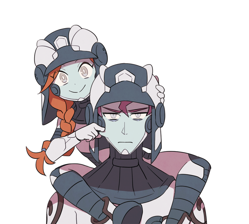 1boy, 1girl, amamo_(pokemon), blue_skin, bodysuit, braid, carrying, cheek_pinching