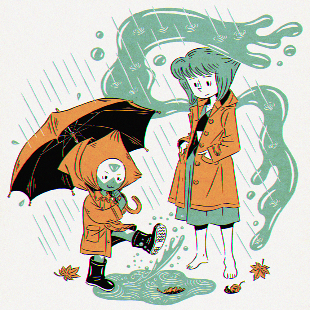 2girls, :3, :|, autumn_leaves, barefoot, boots, closed_mouth, commentary_request, dot_nose, dress, forehead_jewel, hands_in_pockets, height_difference, holding, holding_umbrella, hood, hooded_jacket, jacket, kicking, lapis_lazuli_(steven_universe), leaf, multiple_girls, multiple_monochrome, peridot_(steven_universe), rain, raincoat, rubber_boots, short_hair, smile, splashing, steven_universe, tajima_naoto, traditional_media, umbrella, unamused, water, wings
