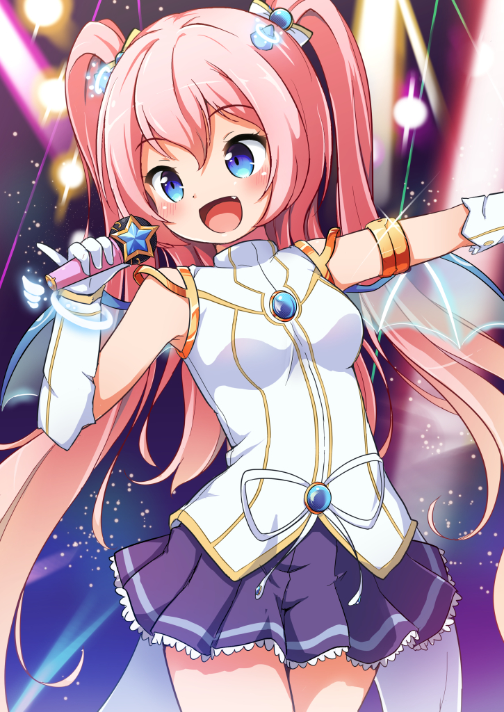 1girl, :d, angelic_buster, armlet, bangs, bat_wings, blue_eyes, blue_wings, blush, bow, commentary_request, cowboy_shot, elbow_gloves, eyebrows_visible_through_hair, fang, gloves, hair_between_eyes, hair_bow, holding, holding_microphone, horns, jewelry, long_hair, looking_to_the_side, maplestory, microphone, nekono_rin, open_mouth, pink_hair, pinky_out, pleated_skirt, purple_skirt, shirt, sidelocks, skirt, sleeveless, sleeveless_shirt, smile, solo, star, transparent_wings, two_side_up, very_long_hair, white_bow, white_gloves, white_shirt, wings