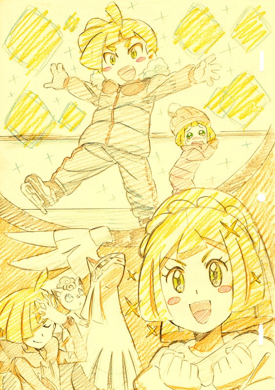 1boy, 1girl, alola_form, alolan_vulpix, blush_stickers, brother_and_sister, closed_eyes, coat, gladio_(pokemon), hair_over_one_eye, hat, hood, hoodie, ice_skates, ice_skating, lillie_(pokemon), long_hair, long_sleeves, mittens, monochrome, open_mouth, pants, pokemon, pokemon_(anime), pokemon_(creature), pokemon_sm_(anime), ponytail, short_hair, siblings, silvally, skates, skating, sparkle, takashi11290141, tears, torn_clothes, tuque, yellow, younger, z-ring