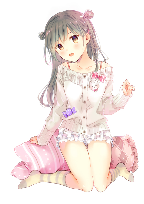 1girl, :d, arm_at_side, bangs, bare_shoulders, black_hair, bloomers, blush