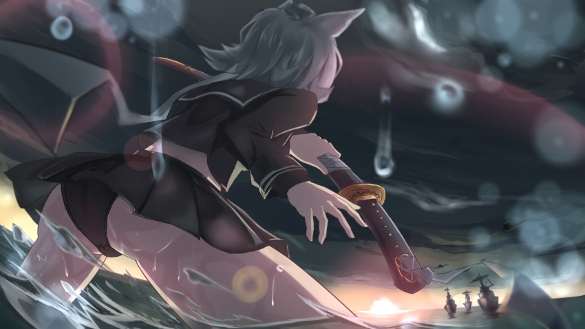 1girl, aircraft, airplane, animal_ears, ass, azur_lane, battleship, black_panties