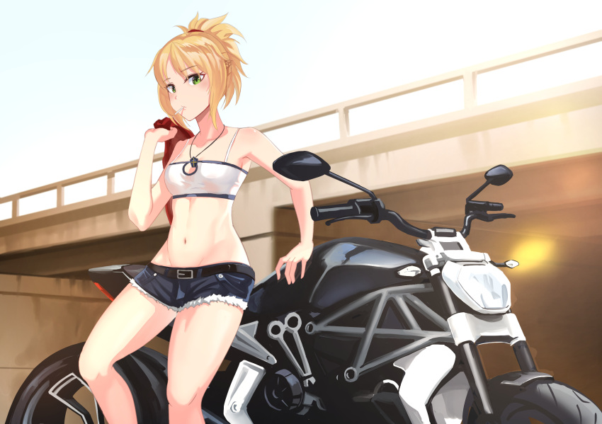 1girl, bare_shoulders, blonde_hair, braid, bridge, bustier, cutoffs, ducati, fate/apocrypha, fate_(series), gan_(gameupnow), green_eyes, groin, highres, jacket_over_shoulder, looking_at_viewer, midriff, mouth_hold, navel, outdoors, ponytail, saber_of_red, short_hair, short_shorts, shorts, sitting, solo