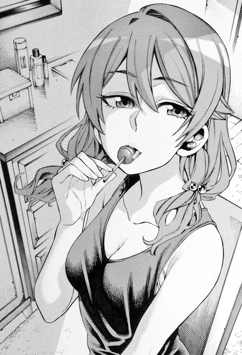 1girl, breasts, candy, cleavage, collarbone, enokida_mai, eyebrows_visible_through_hair, food