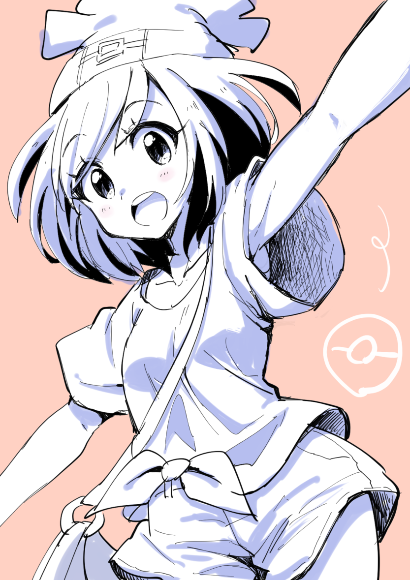 1girl, bangs, beanie, hat, mikanbako_(aitatadon3), mizuki_(pokemon_sm), pokemon, pokemon_(game), pokemon_sm, shirt, short_hair, short_shorts, short_sleeves, shorts, smile, solo, swept_bangs, t-shirt, tied_shirt