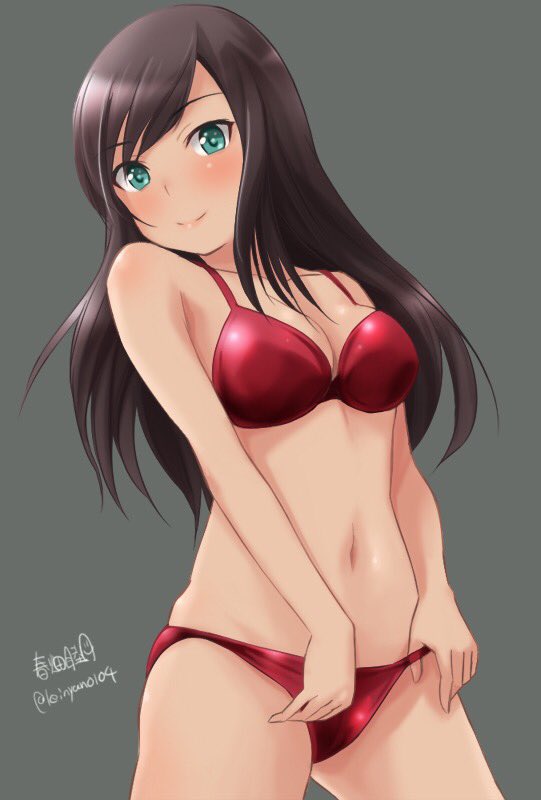 1girl, artist_name, bangs, bikini, bikini_pull, blush, breasts, brown_hair