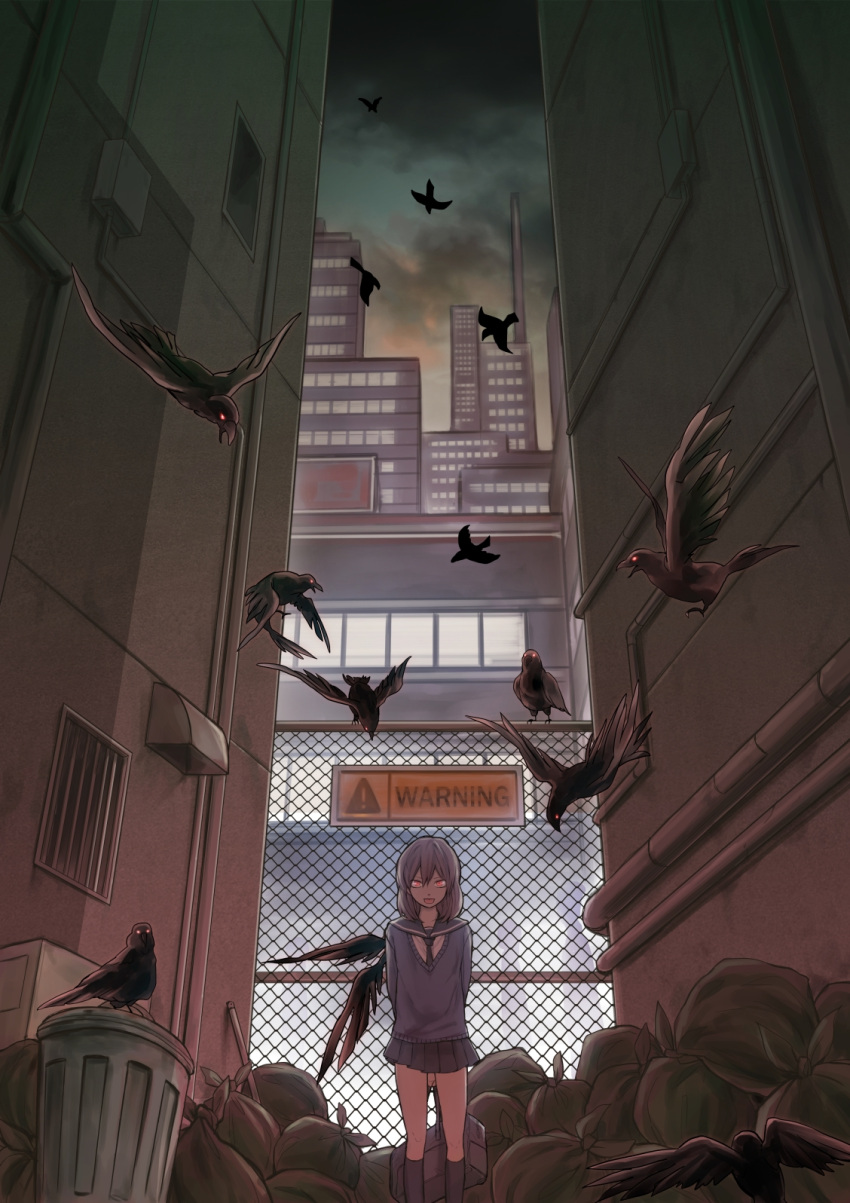 !, 1girl, :p, alley, arms_behind_back, bag, bag_behind_back, bird