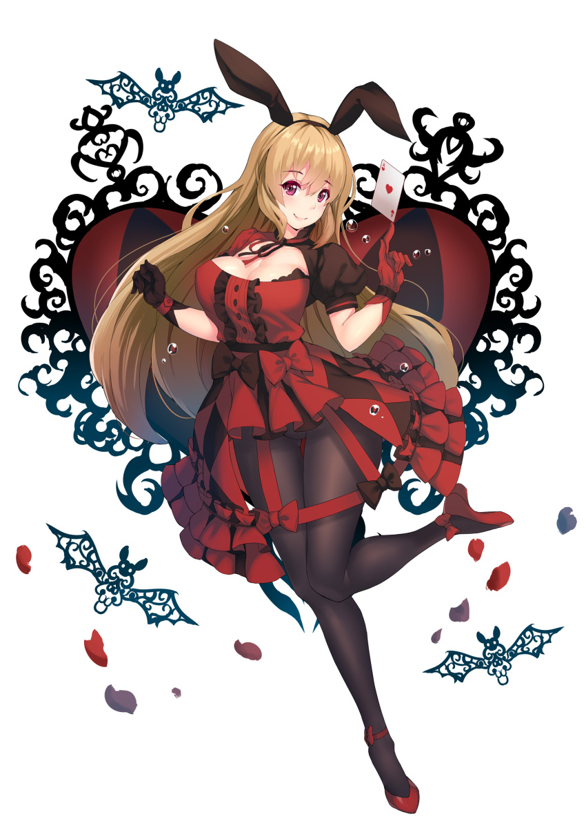 1girl, absurdres, animal_ears, black_gloves, black_legwear, blush, breasts, brown_hair, card, cleavage, cleavage_cutout, closed_mouth, dress, fake_animal_ears, full_body, gloves, hair_between_eyes, highres, large_breasts, long_hair, looking_at_viewer, original, pantyhose, petals, pink_eyes, playing_card, puffy_short_sleeves, puffy_sleeves, rabbit_ears, red_dress, rose_petals, short_sleeves, smile, solo, ti-tang, very_long_hair