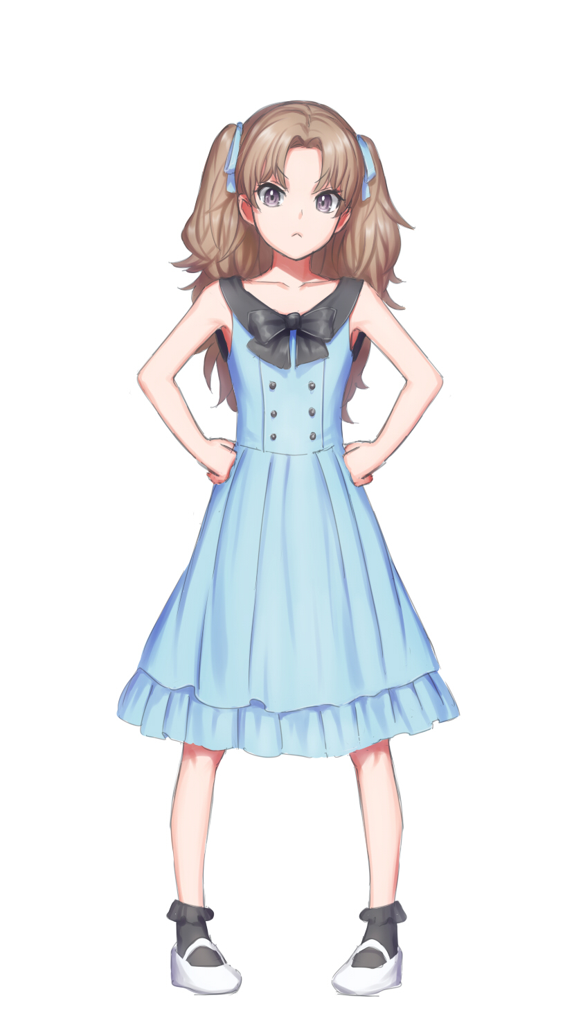 1girl, black_bow, black_legwear, blue_dress, bow, brown_hair, dress, frown