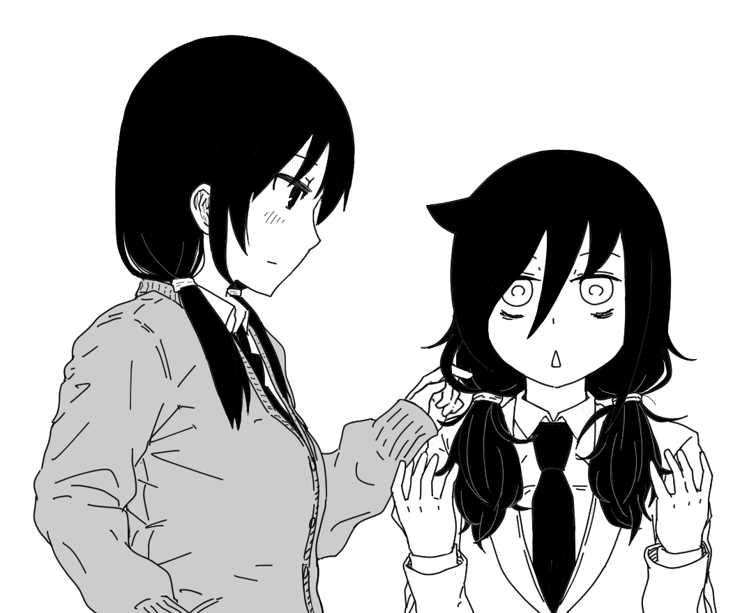 2girls, alternate_hairstyle, asadafa, bags_under_eyes, black_hair, greyscale, hand_in_another's_hair, kuroki_tomoko, low_twintails, matching_hairstyle, monochrome, multiple_girls, necktie, school_uniform, tamura_yuri, triangle_mouth, twintails, watashi_ga_motenai_no_wa_dou_kangaetemo_omaera_ga_warui!, white_background, yuri