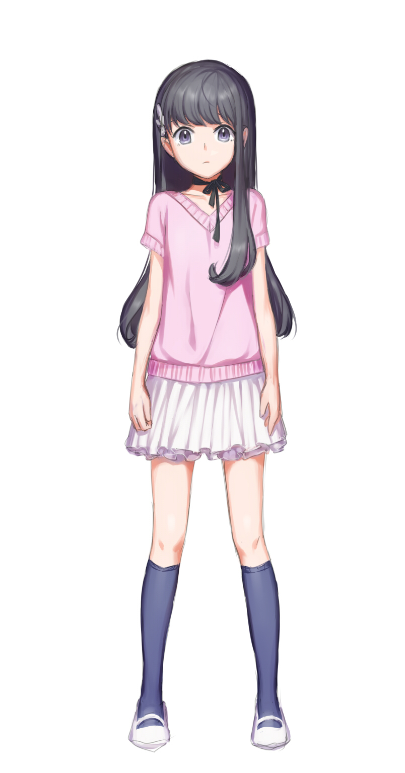 1girl, arms_at_sides, black_eyes, black_hair, black_legwear, full_body, hair_ornament, highres