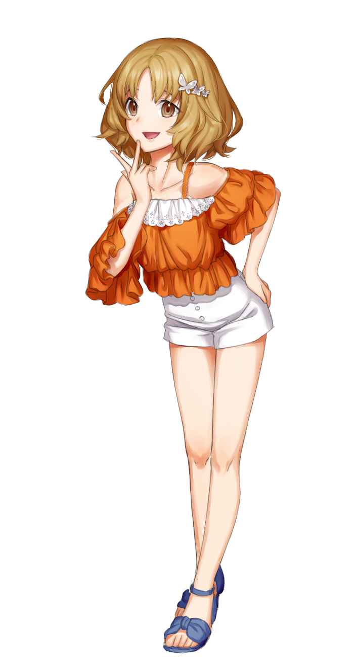1girl, :d, braid, brown_eyes, brown_hair, butterfly_hair_ornament, full_body, hair_ornament, hand_on_hip, highres, nekotama_(artist), open_mouth, orange_shirt, original, sandals, shirt, smile, solo
