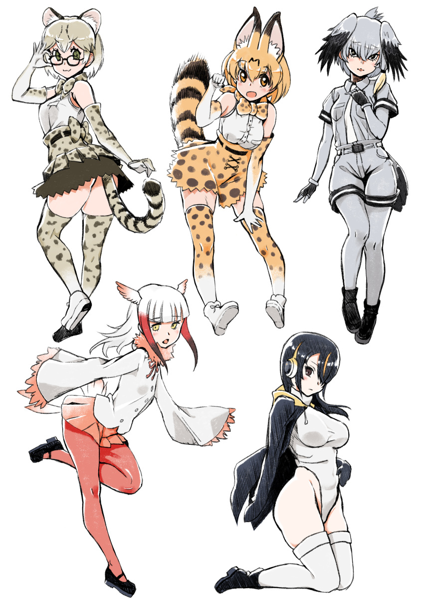 5girls, :3, :d, absurdres, adjusting_eyewear, animal_ears, bangs, bird_tail