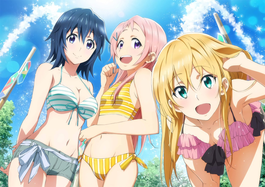 3girls, :d, aguri_(gamers!), arm_behind_back, bent_over, bikini, bikini_shorts, blonde_hair