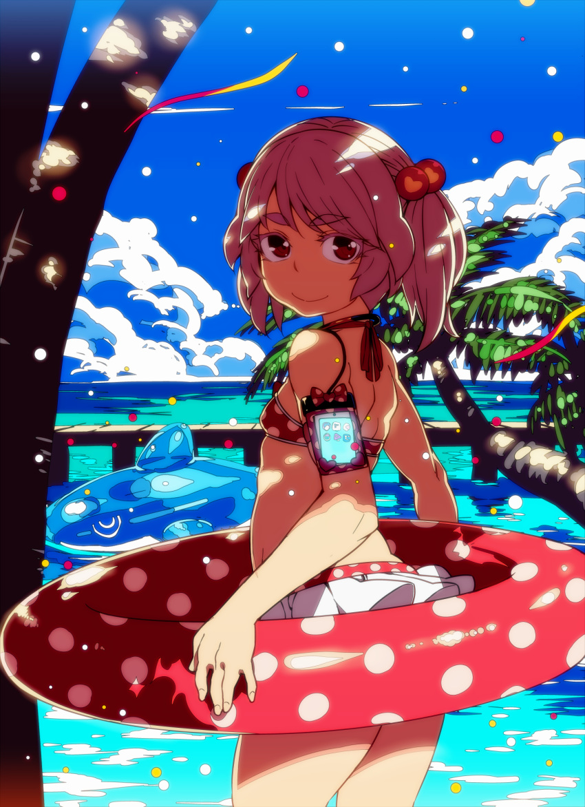 1girl, armband, bare_shoulders, bikini, blue_sky, breasts, closed_mouth, clouds