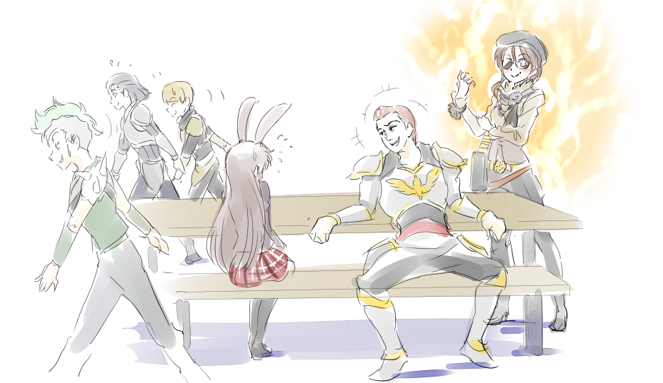 2girls, 4boys, animal_ears, aura, beret, cafeteria, cardin_winchester, coco_adel, commentary_request, dove_bronzewing, fleeing, hat, iesupa, multiple_boys, multiple_girls, rabbit_ears, russel_thrush, rwby, sky_lark, sunglasses, sweatdrop, velvet_scarlatina, white_background