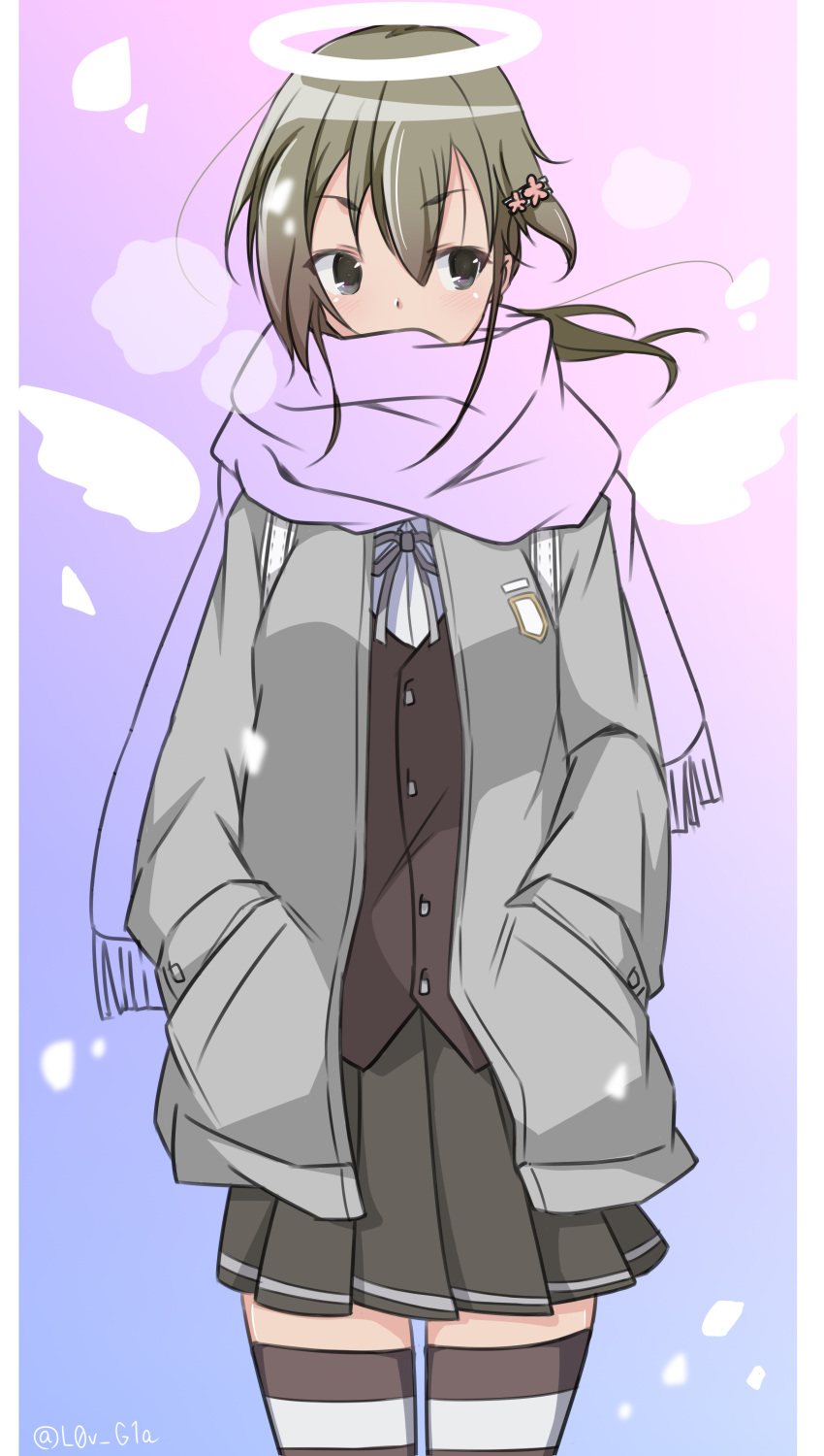 1girl, absurdres, black_eyes, black_ribbon, black_skirt, blush, brown_hair, cardigan