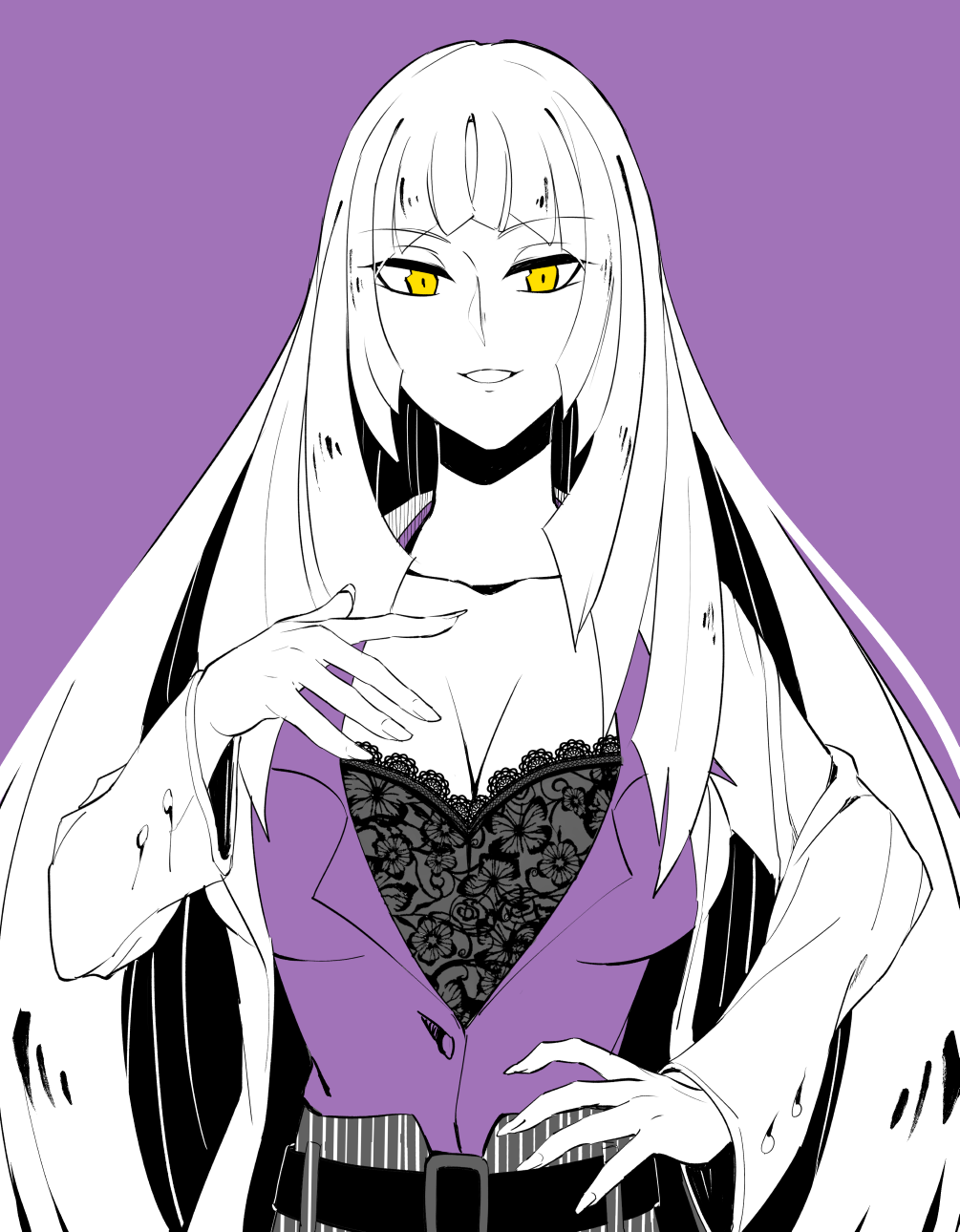 1girl, arm_up, belt, bra, breasts, buttons, cleavage, collarbone