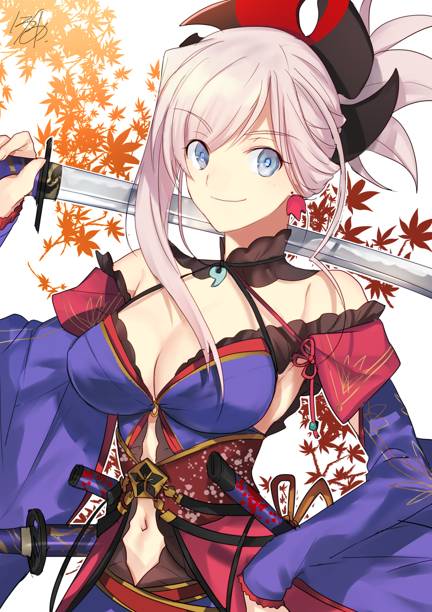 1girl, asymmetrical_hair, autumn_leaves, blue_eyes, blue_kimono, closed_mouth, cowboy_shot, detached_sleeves