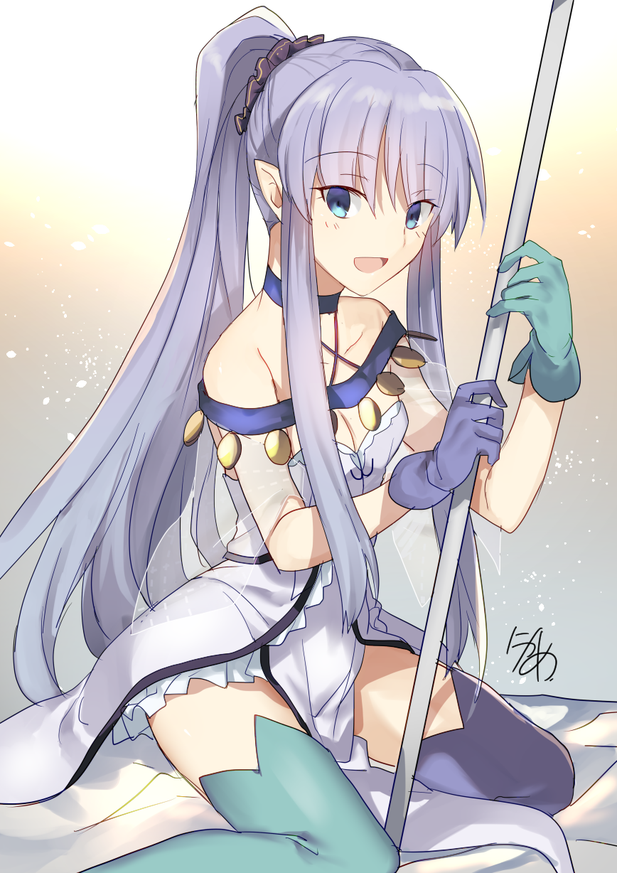 1girl, :d, bangs, bare_shoulders, blue_eyes, blue_hair, blush, boots