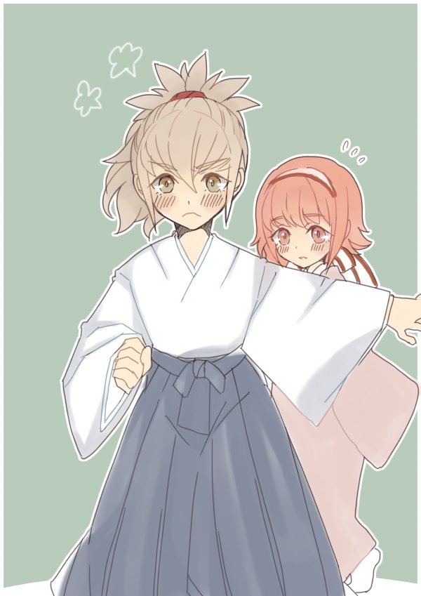 1boy, 1girl, bob_cut, brother_and_sister, child, fire_emblem, fire_emblem_if, japanese_clothes, pink_hair, ponytail, renkonmatsuri, sakura_(fire_emblem_if), siblings, takumi_(fire_emblem_if), white_hair