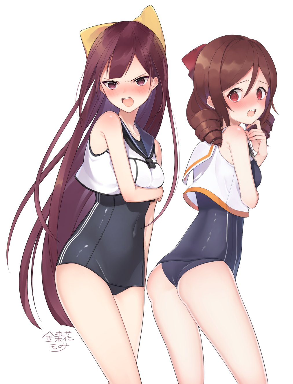 2girls, angry, bow, brown_hair, cosplay, cowboy_shot, crop_top, drill_hair, embarrassed, hair_bow, harukaze_(kantai_collection), highres, i-14_(kantai_collection), i-14_(kantai_collection)_(cosplay), kamikaze_(kantai_collection), kantai_collection, kinsenka_momi, long_hair, multiple_girls, open_mouth, purple_hair, red_bow, red_eyes, ro-500_(kantai_collection), ro-500_(kantai_collection)_(cosplay), school_swimsuit, simple_background, swimsuit, twin_drills, upper_teeth, violet_eyes, white_background, yellow_bow