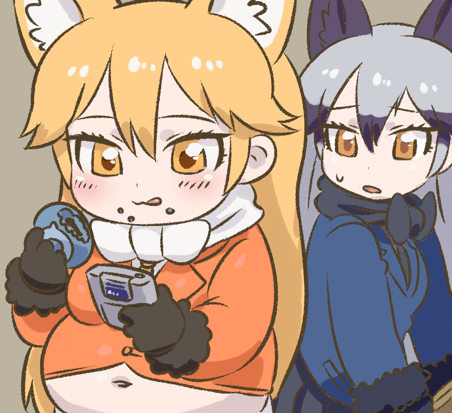 animal_ears, black_bow, black_neckwear, blue_jacket, bow, bowtie, eating, ezo_red_fox_(kemono_friends)