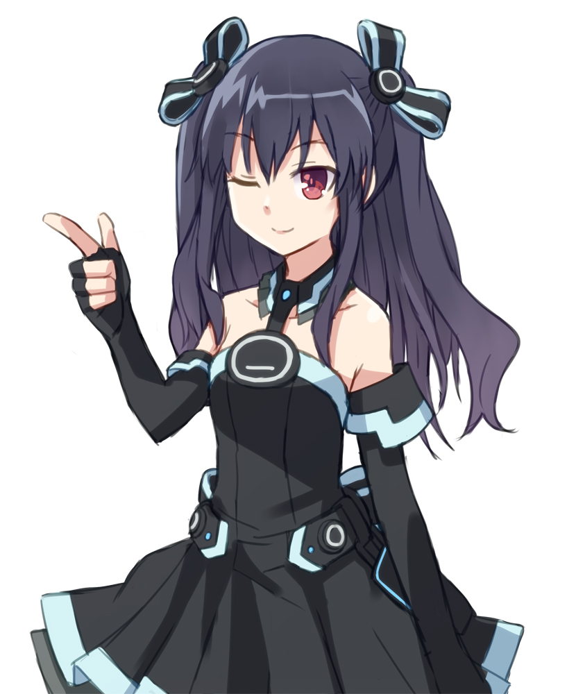 1girl, bare_shoulders, black_hair, chikuwa_(majihima), gloves, hair_ornament, looking_at_viewer, neptune_(series)