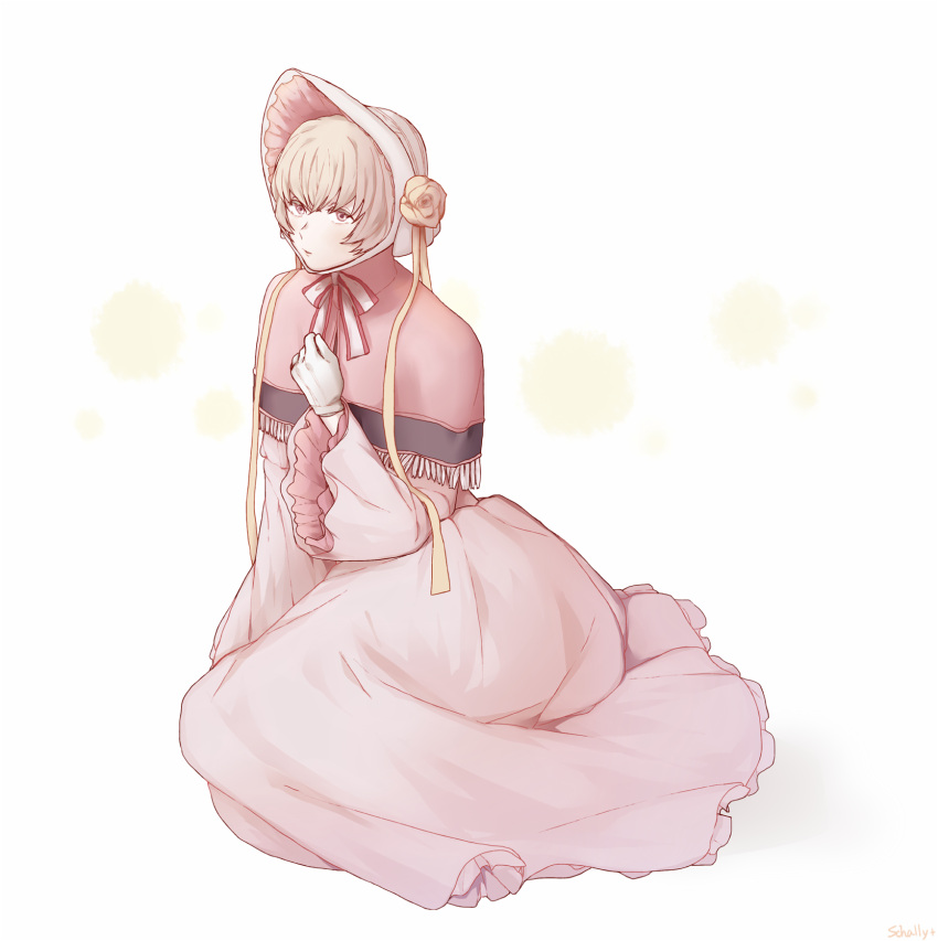 1girl, bonnet, dress, gloves, highres, light_brown_hair, mahou_tsukai_no_yome, pink_dress