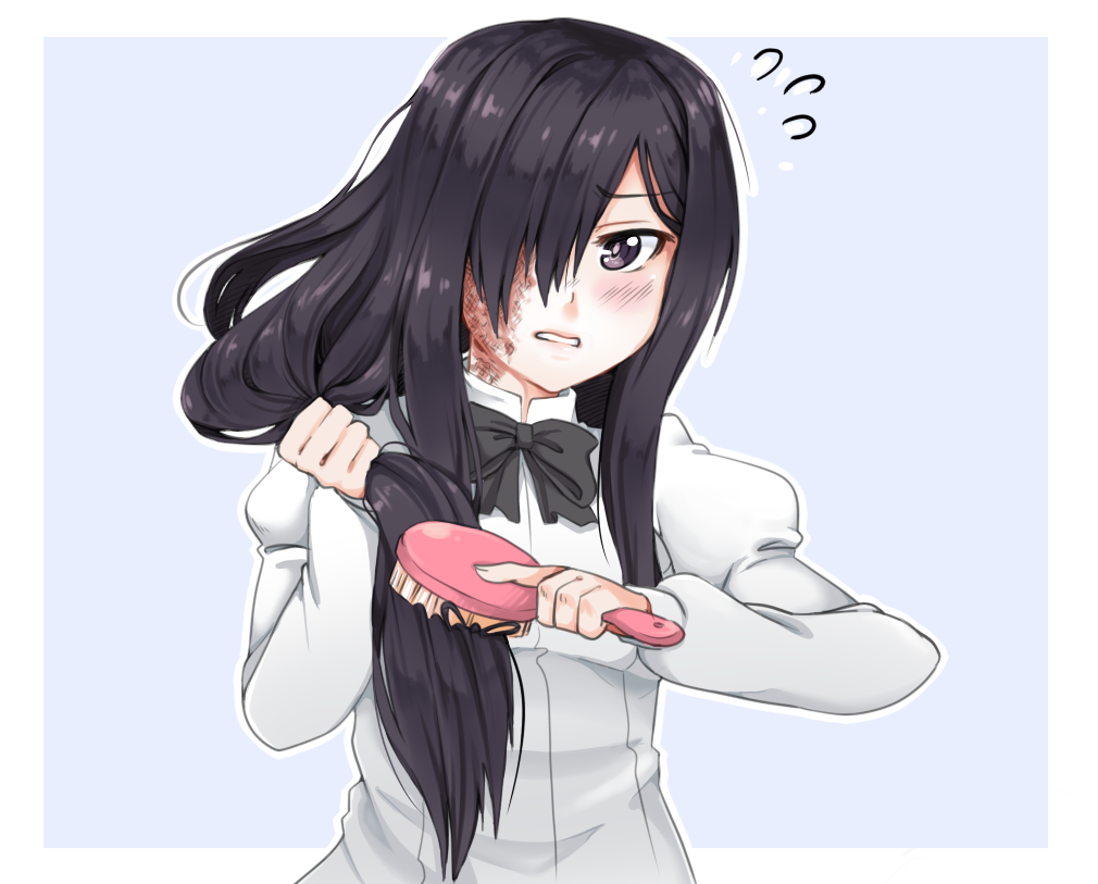 black_hair, blue_background, bow, bowtie, hair_brush, hair_brushing, hair_over_one_eye, ikezawa_hanako