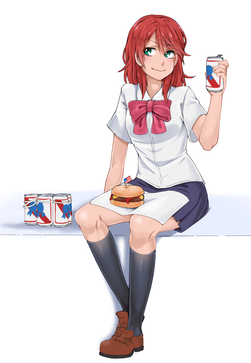1girl, alcohol, american_flag, beer, beer_can, bow, bowtie, can